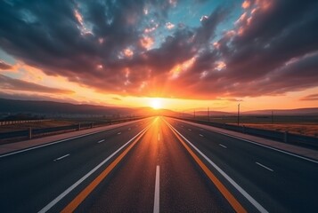 View of asphalt road with beautiful sunset in the evening. generative ai