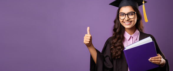 Happy Indian female student in glasses showing thumbs up, holding college materials and wearing a backpack.