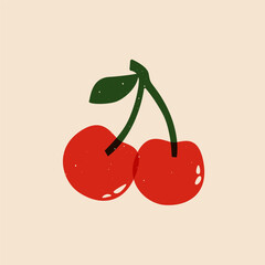 Cherry risograph sketch. Abstract natural ripe cherry berry, cartoon merry sign linocut print effect. Vector illustration