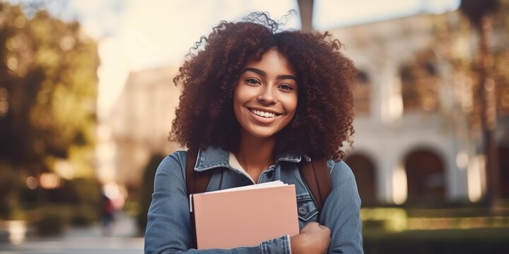 Cheerful Black Female Student Hugging Books, Posing With Backpack Near College Building Outdoors.