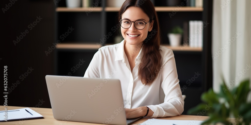 Poster beautiful smiling woman sitting at the table, using a laptop and writing in a notebook, taking notes