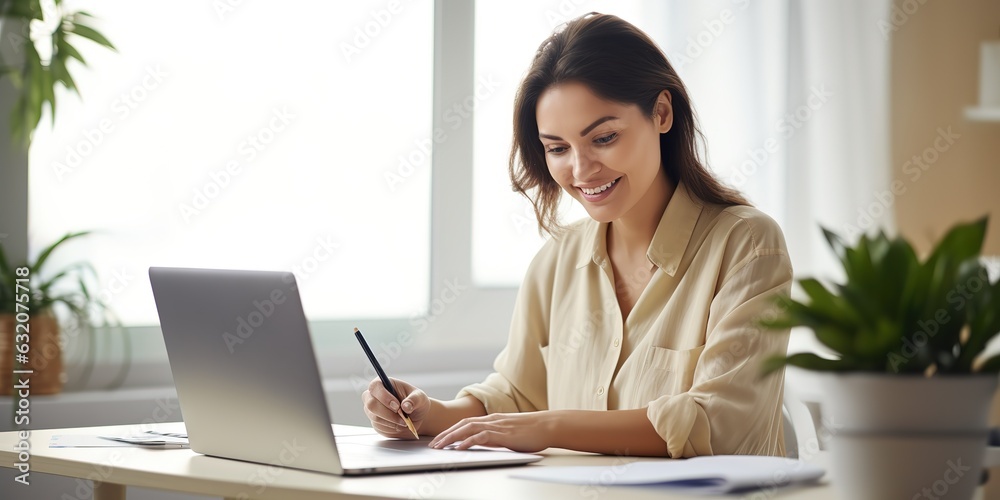 Poster beautiful smiling woman sitting at the table, using a laptop and writing in a notebook, taking notes