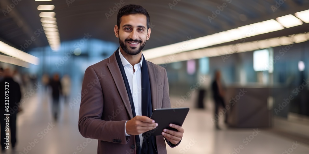 Poster Smiling young man with a digital tablet in his hands posing in the airport terminal.