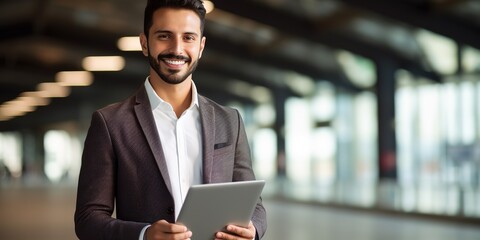 Smiling young man with a digital tablet in his hands posing in the airport terminal.
