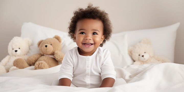 A cute little baby sits on a bed on white sheets.