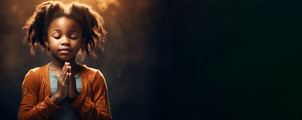 A young girl of African ethnicity praying. Christian religious prayer and devotion banner with copy space. Generative AI illustration