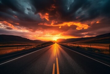 Naklejka premium View of asphalt road with beautiful sunset in the evening. generative ai