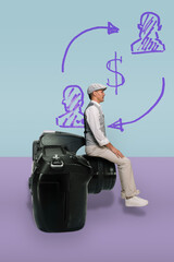 Handsome happy businessman sitting on camera next to money cycle symbol, Successful and content businessman perched on a camera, accompanied by the emblem of a thriving financial cycle.