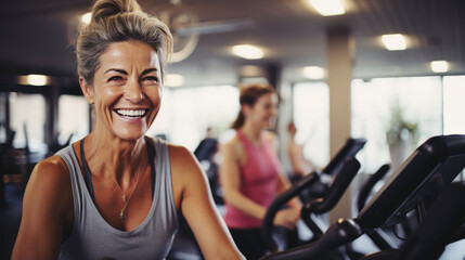 Fototapeta premium middle aged woman doing a spinning class at a gym. aged woman working out exercising on a treadmill in a gym. mood fun