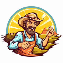 Laughing farmer oversees his field in the background of a rural landscape. Farm and agriculture concept. Cartoon vector illustration.