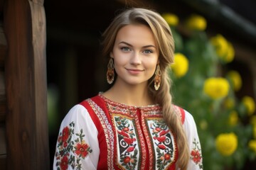 Portrait of a fictional beautiful traditional nordic scandinavian woman in elegant dress. Generative AI.