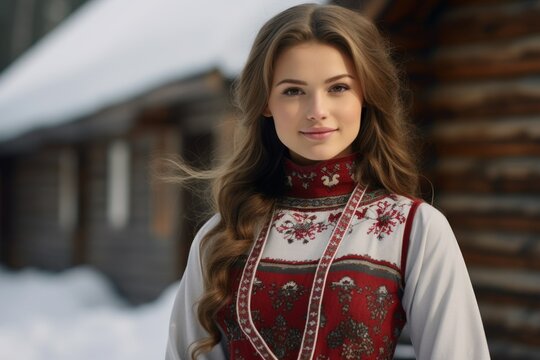 Portrait of a fictional beautiful traditional nordic scandinavian woman in elegant dress. Generative AI.