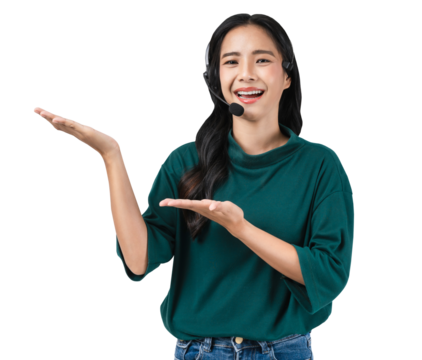 Cheerful beautiful Asian woman consultant wearing microphone headset of customer support phone operator at workplace on white background.