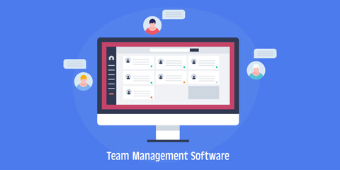 Project management tool team collaboration software. digital workflow management, task assign and communication, work status, message interface dashboard on pc screen, vector illustration template. 