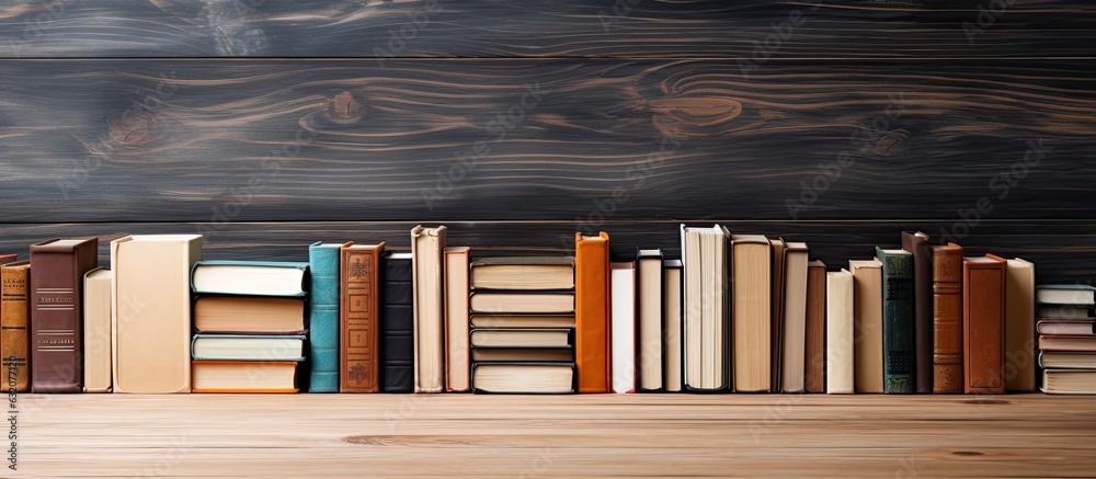 Poster Different books placed on a wooden floor with a brown wood parquet background. empty space available for writing or inscriptions. This setup is a back to school idea and the books are spread around.