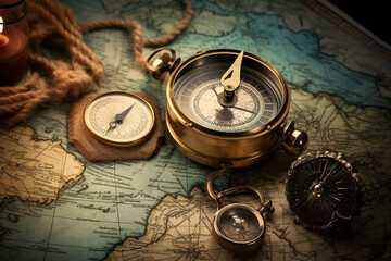 Vintage Travel: Old Map with Compass and Binoculars. Generative AI