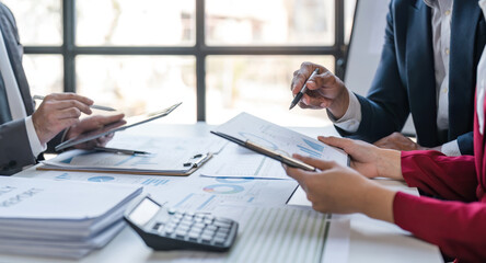 Business team meeting to conference, collaboration discussing working analyzing with financial data and marketing plan strategy project