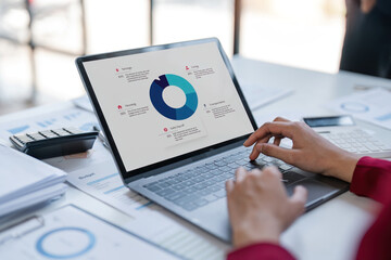 Young business woman looking at computer monitor, analyzing project statistics, marketing research results or statistics data, developing marketing strategy, working at office