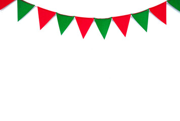 red and green triangular flags hanging decoration on a white background. Decorative colorful flags...