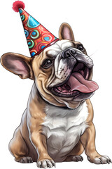 French bulldog wearing a birthday hat