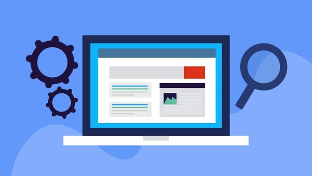 Computer screen with search engine page, website SEO with magnifying glass, technology gear, business solution, ranking development optimization strategy video animation.