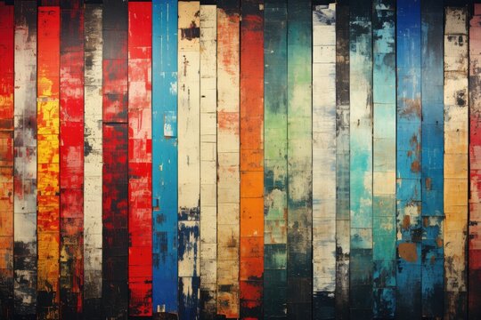 Texture of vintage wood boards with cracked paint of white, red, orange, yellow, cyan and blue color. Horizontal retro background with old wooden planks of different colors. High quality photo