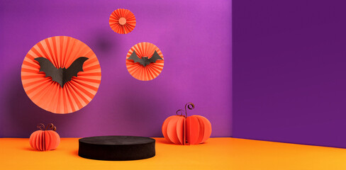 Product Display halloween decor party holiday studio set up in orange and violet color background...
