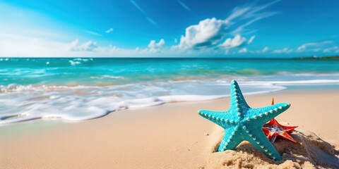 Starfish on the beach at the edge of the blue water on a sunny day, American flag. - obrazy, fototapety, plakaty