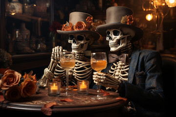 Skeletons couple drinking orange cocktails in bar. Halloween concept