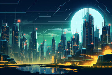 Cyberpunk Technology: Futuristic City Skyline with Neon Lights. Generative AI