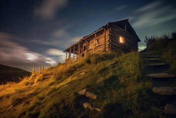 Fototapeta na wymiar View of the hut on the hill, long exposure. generative ai