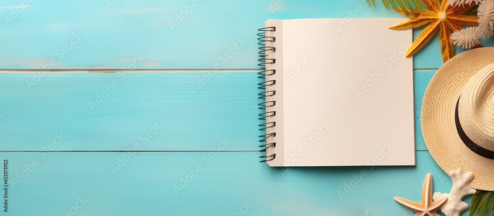 Poster a writing book with summer beach accessories on a background, with empty space for writing. the phot