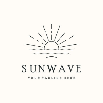 nature sun wave line art logo vector minimalist illustration design, tropical landscape logo design