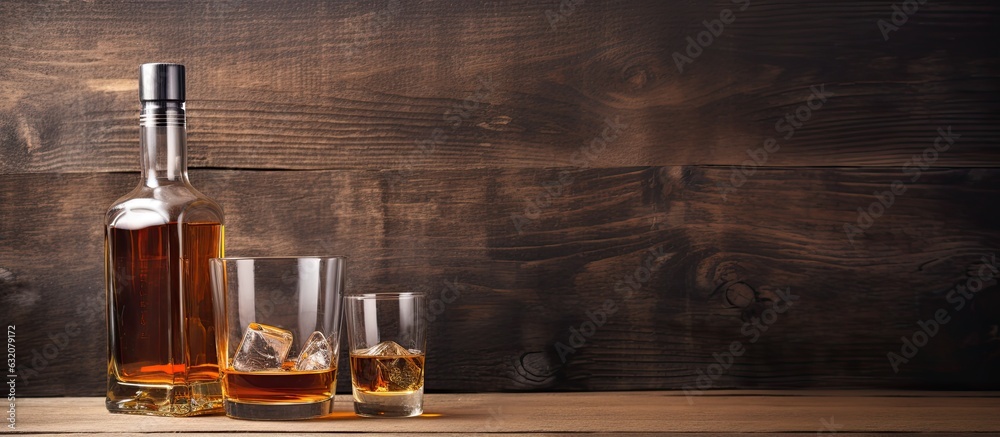 Poster a banner with a rustic wood background featuring scotch whiskey without ice in glasses and a bottle,