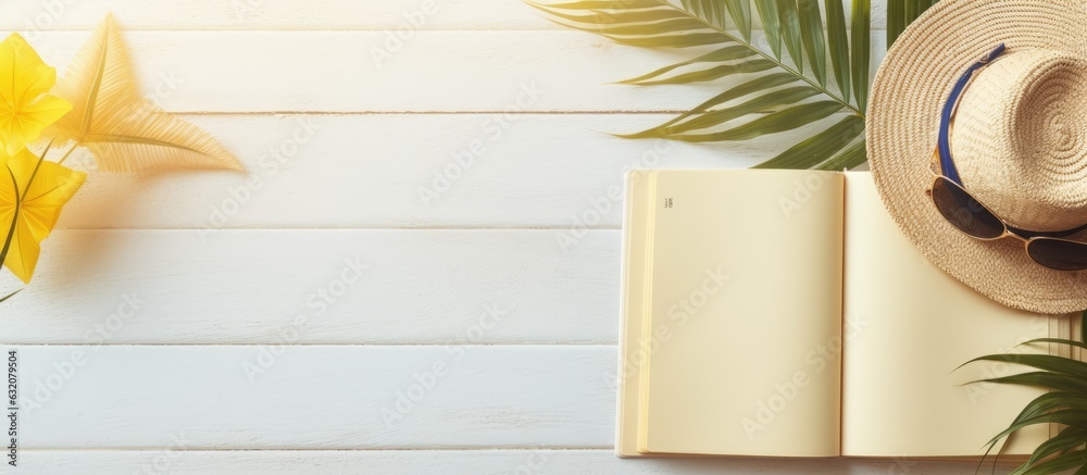 Poster a flat lay photograph of a blank writing book with summer beach accessories in the background. copy 