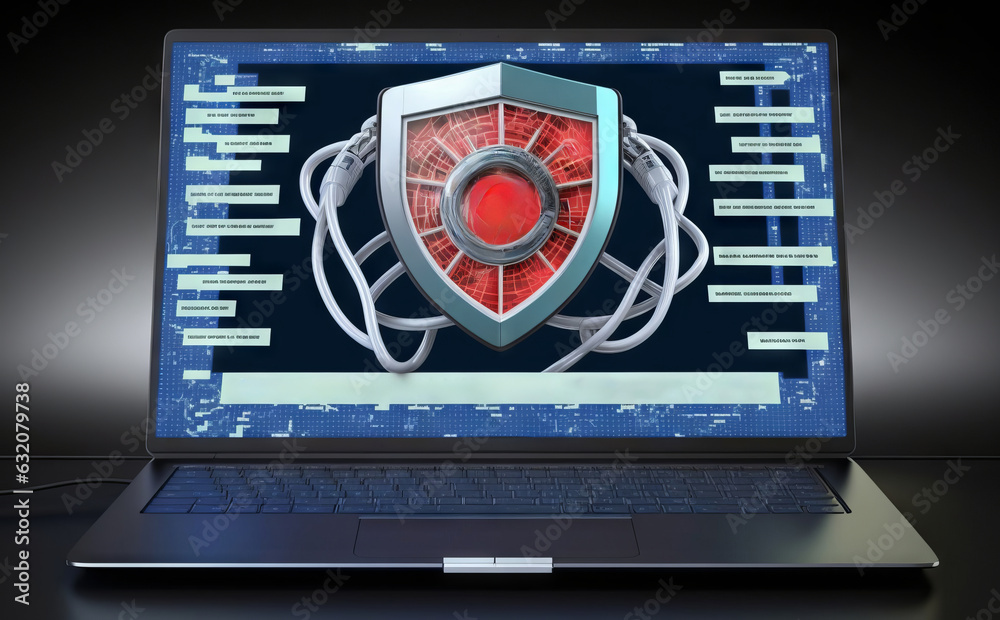 Poster laptop protected with shield and binary code. illustration.