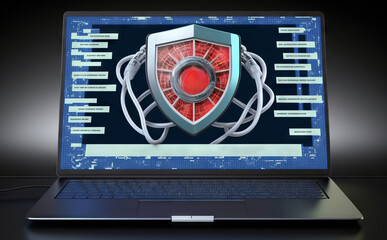 Laptop protected with shield and binary code. illustration.