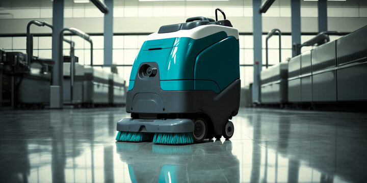 Innovative floor cleaning robot at work in a sleek, modern commercial space symbolizing advanced technology and progress. Generative AI