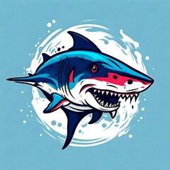 A logo for a business or sports team featuring a caricature of a shark  that is suitable for a t-shirt graphic.