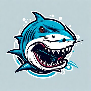 A logo for a business or sports team featuring a caricature of a shark  that is suitable for a t-shirt graphic.