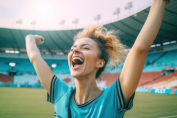 happy girl as soccer fan at the stadium , ai generative