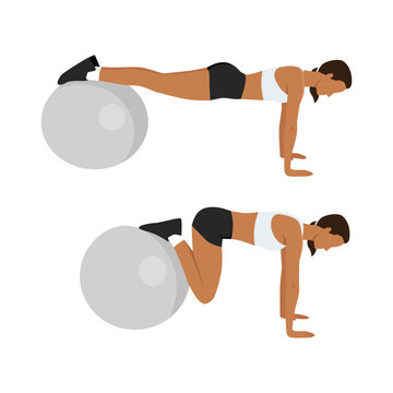 Woman doing swiss or stability ball jackknife exercise. Flat vector illustration isolated on white background