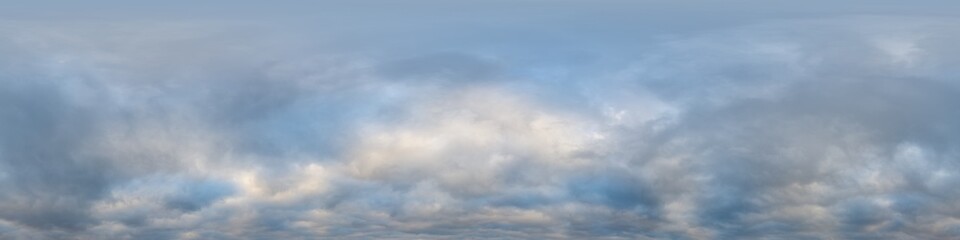 Dramatic overcast sky panorama with dark gloomy Cumulonimbus clouds. HDR 360 seamless spherical panorama. Sky dome in 3D, sky replacement for aerial drone panoramas. Climate and weather change.