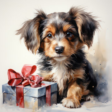 Cute dog with a gift, watercolor style. Square postcard. AI generative.