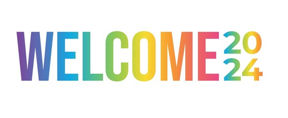 Welcome 2024 with lettering typography on rainbow colors for greeting card. Illustration design. 