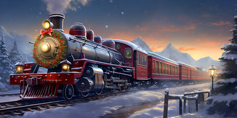Christmas train in Starry sky and Winter nights  covered with snow .