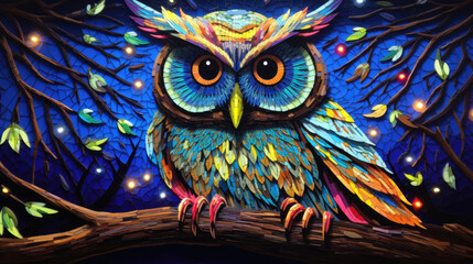 Futuristic owl in bright and not real colors.