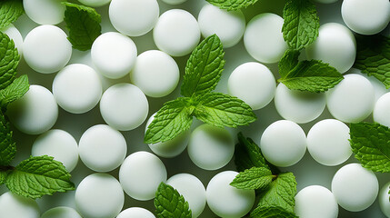 Pile of white mints candy with a green mint leaves. Generative AI