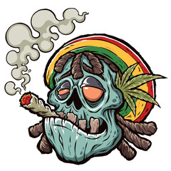 Vector illustration of Cartoon Zombie smokes a cigarette with marijuana, rastaman, Cannabis leaves, print for t-shirts 