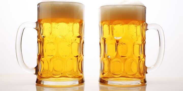 Two glass beer mugs full of golden drink on a white background.